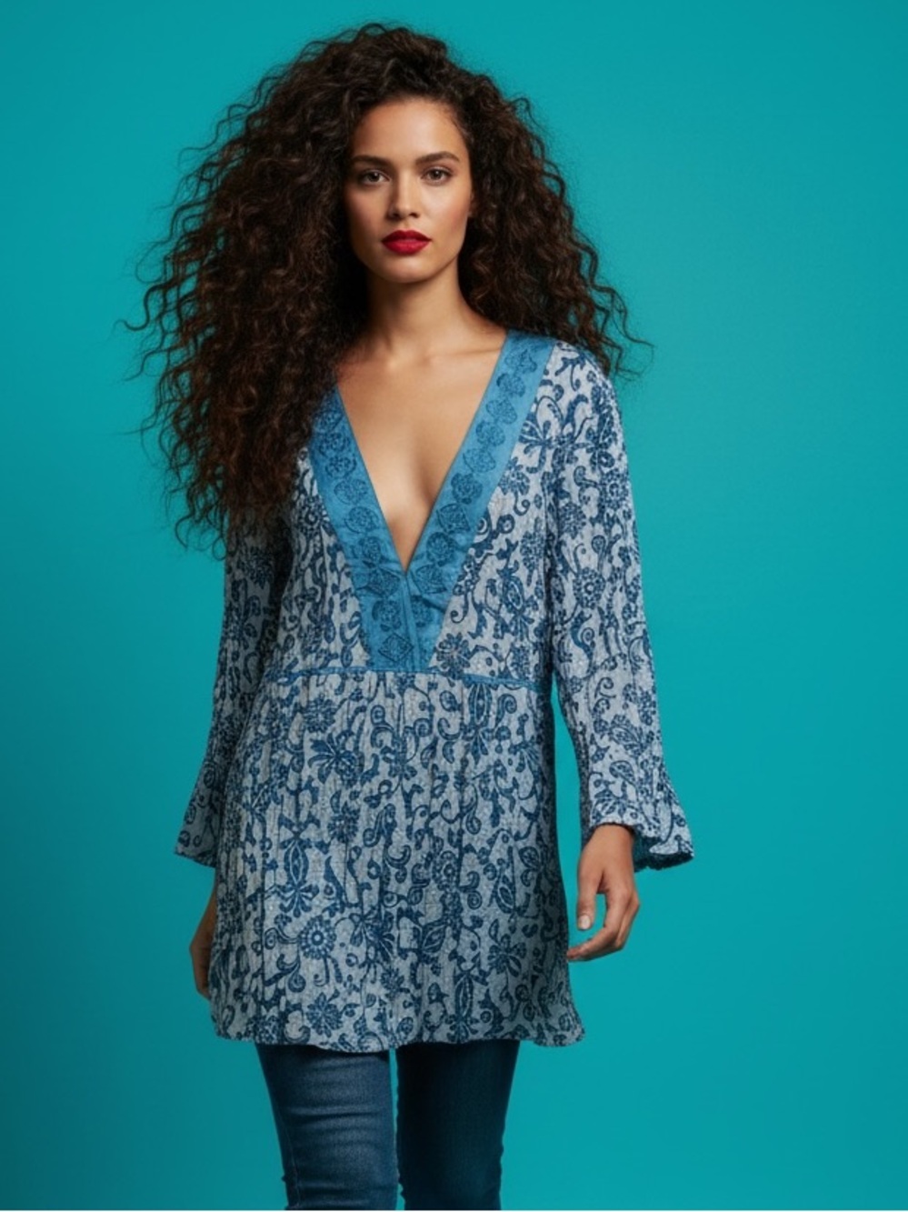 Cache Creek Blue Embroidered Tie Back V-Neck Blouse Plus Size 3X